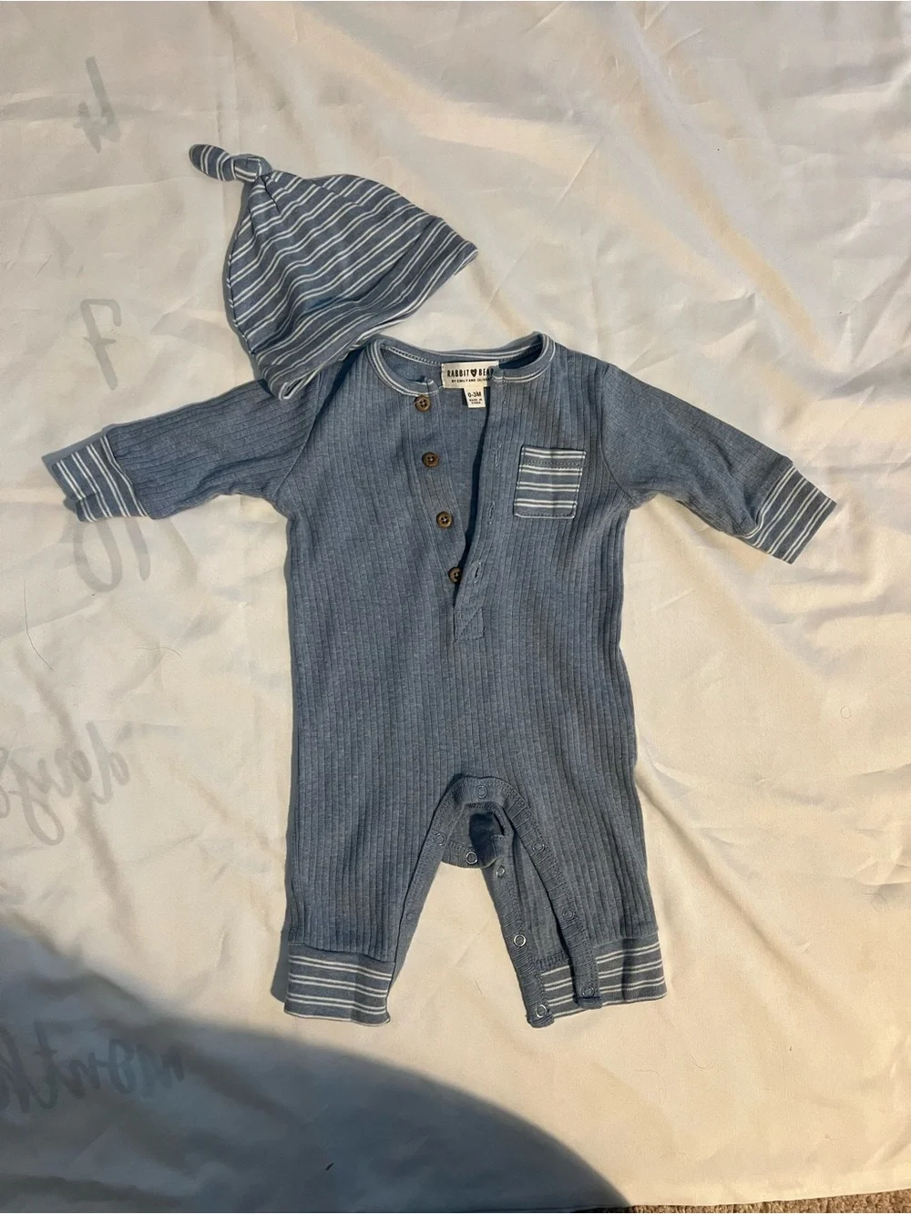 Rabbit + Bear Blue Ribbed One-Piece with Stripe Accent and Matching Hat Size 0-3
